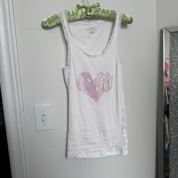Y2K White Tank Top with Sequin Heart coquette dreamy fairy luxury S - Picture 2 of 5